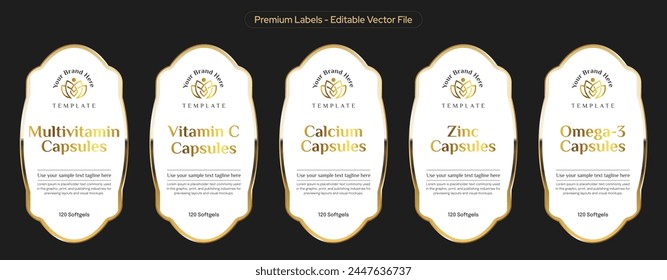Dietary supplement multivitamin label design vitamin C, calcium label, zinc label design, omega-3 supplement packaging design illustration editable print ready file download
