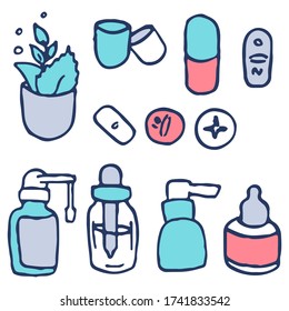 Dietary supplement on white isolated backdrop. Nasal spray set for social banner, web element, health care and medical poster. Online chemist shop, info card. Doodle style stock vector illustration