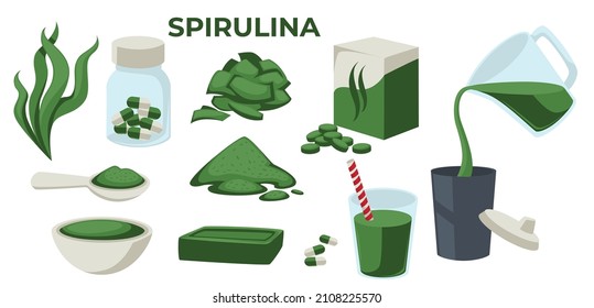 Dietary supplement spirulina seaweed in pills or powder. Making smoothies and drinking beverages with antioxidants, vitamins and microelements for body. Vegetarian nutrition. Vector in flat style