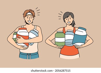 Dietary supplement and sport concept. Young smiling couple in sportswear standing holding jars with vitamins an dietary supplements vector illustration 