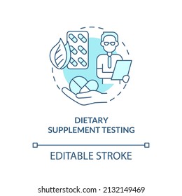 Icono de concepto de prueba de suplementos dietéticos turquesa. Comer sano. Cosas a probar ilustraciones abstractas de ideas en línea delgada. Dibujo de contorno aislado. Trazo editable. Fuentes Arial, Myriad Pro-Bold utilizadas