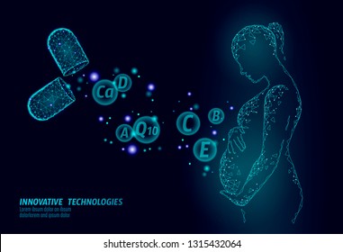Dietary supplement vitamin pregnancy capsule. Maternity health care drug medicine science chemistry innovation technology polygonal 3D render. Woman belly silhouette vector illustration