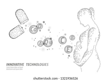 Dietary supplement vitamin pregnancy capsule. Maternity health care drug medicine science chemistry innovation technology polygonal 3D render. Woman belly silhouette vector illustration