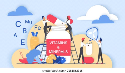 Dietary supplement of vitamins and minerals. Tiny people holding capsule from bottle for nutrition alternative therapy and diet 3d flat vector illustration. Online pharmacy store, therapy concept