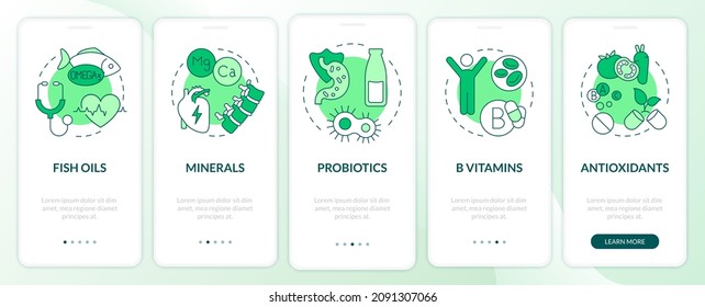 Dietary supplements green onboarding mobile app screen. Fit meals walkthrough 5 steps graphic instructions pages with linear concepts. UI, UX, GUI template. Myriad Pro-Bold, Regular fonts used