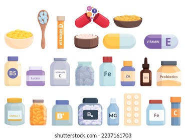 Los iconos de suplementos dietéticos establecen el vector de dibujos animados. Vitamina en botella. Etiqueta de la cápsula