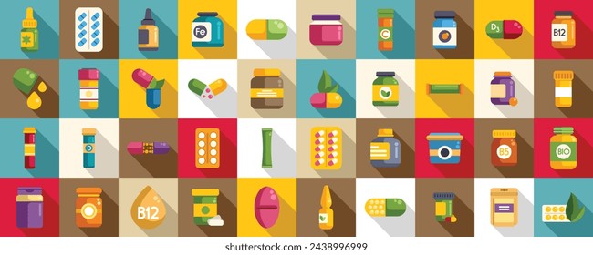 Iconos de suplementos dietéticos establecidos vector plano. Etiqueta de vitaminas. Paquete multivitamínico