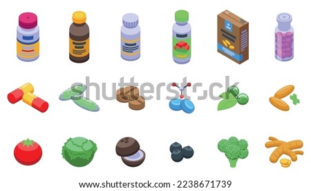 Dietary supplements icons set isometric vector. Vitamin bottle. Label capsule