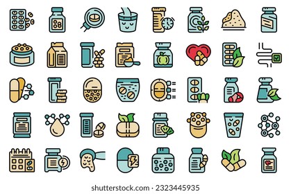 Dietary supplements icons set outline vector. Vitamin bottle. Capsule food thin line color flat on white