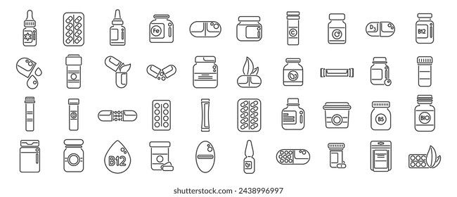 Dietary supplements icons set outline vector. Vitamin label. Package multivitamin