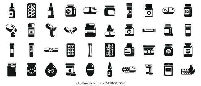 Dietary supplements icons set simple vector. Vitamin label. Package multivitamin