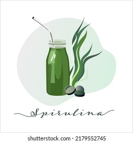 Dietary supplements, Natural vitamins, Spirulina pills and smoothie, Steel straw, Organic seaweed, glass bottle with smoothie. Flat vector illustration.