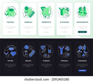 Dietary supplements night and day mode onboarding mobile app screen. Food walkthrough 5 steps graphic instructions pages with linear concepts. UI, UX, GUI template. Myriad Pro-Bold, Regular fonts used