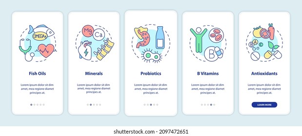Dietary supplements onboarding mobile app screen. Nutrition walkthrough 5 steps graphic instructions pages with linear concepts. UI, UX, GUI template. Myriad Pro-Bold, Regular fonts used
