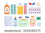Dietary supplements packages set. Medical glass bottle and packaging, jar with with cap and label, multi complex of micronutrients, minerals and vitamins, open capsule cartoon vector illustration