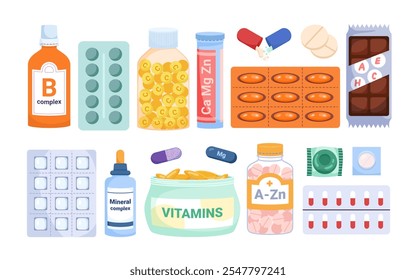 Dietary supplements packages set. Medical glass bottle and packaging, jar with with cap and label, multi complex of micronutrients, minerals and vitamins, open capsule cartoon