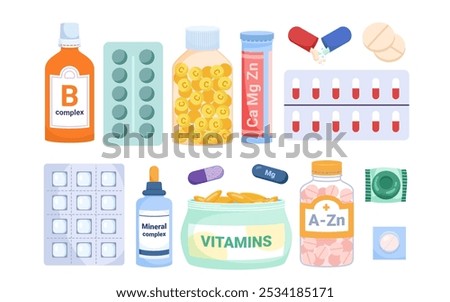 Dietary supplements packages set. Medical glass bottle and packaging, jar with with cap and label, multi complex of micronutrients, minerals and vitamins, open capsule cartoon vector illustration