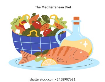 Concepto de Tendencias Dietéticas. Una representación colorida de la dieta mediterránea con verduras frescas, pescado y aceite de oliva. Ilustración de estilo de vida de alimentación nutritiva. Ilustración vectorial.