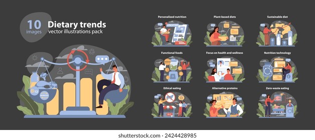 Dietary Trends Vector Illustrations Pack. A contemporary depiction of modern nutrition concepts including personalized diets, plant-based eating, sustainable choices, tech in nutrition. Flat vector.