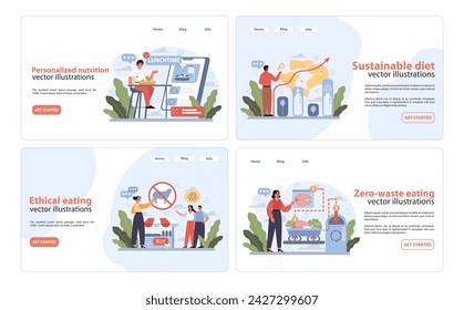 Banners web de tendencias dietéticas. Ilustraciones vectoriales atractivas e informativas que muestran una nutrición personalizada.