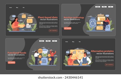 Banners del sitio web de Tendencias Dietéticas. Ilustraciones vectoriales visualmente atractivas para dietas basadas en plantas, tecnología de nutrición, alimentos funcionales y proteínas alternativas.