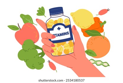 Suplemento vitamínico e mineral dietético para a saúde do corpo. Mão segurando frasco de farmácia de multivitamínicos complexos comprimidos entre vegetais naturais frescos saudáveis e frutas desenho animado de desenho animado