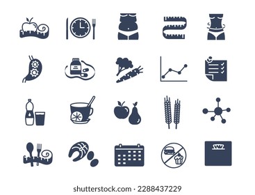 Dietfood black icons set. Health care, eating and proper nutrition. Fitness and active lifestyle. Water, fruits and vegetables. Cartoon flat vector illustrations isolated on white background