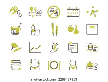 Dietfood green icons set. Refusal of fast and junk food. Balanced and correct nutrition. Collection of interface elements for website. Cartoon flat vector illustrations isolated on white background