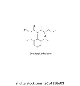 Diethatyl, ethyl ester skeletal structure. herbicide ester compound schematic illustration. Simple diagram, chemical formula.