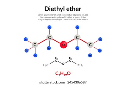 Diethyl ether, molecular structure formula, ball-and-stick model, suitable for education or chemistry science content. Vector illustration