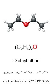 Diethyl ether, or simply ether, ball-and-stick model, molecular and chemical formula. Ethoxyethane, (C2H5)2O, an organic compound, also known as Et2O. Used as a solvent or starting fluid for engines.