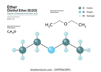 Diethyl Ether. Structural Chemical Formula and 3d Model of Molecule. C4H10O. Atoms with Color Coding. Vector graphic Illustration for educational materials, scientific articles, and presentations