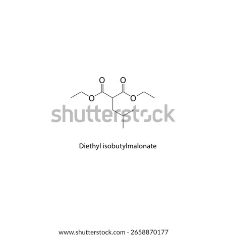 Diethyl isobutylmalonate skeletal structure. Branched dialkyl malonate compound schematic illustration. Simple diagram, chemical formula.