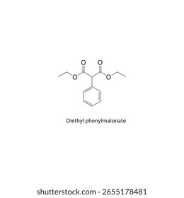 Diethyl phenylmalonate skeletal structure. Aromatic malonate compound schematic illustration. Simple diagram, chemical formula.
