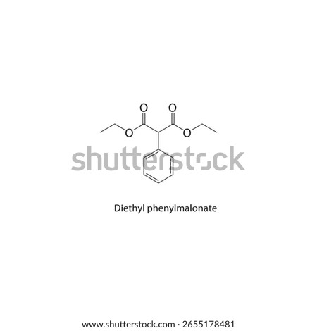 Diethyl phenylmalonate skeletal structure. Aromatic malonate compound schematic illustration. Simple diagram, chemical formula.