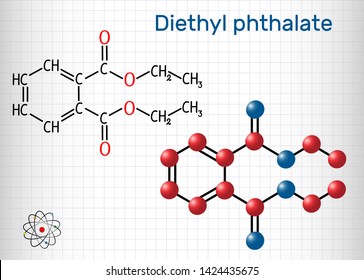 Diethyl Phthalate, DEP Plasticizer Molecule, Is A Phthalate Ester. Structural Chemical Formula And Molecule Model. Sheet Of Paper In A Cage. Vector Illustration

