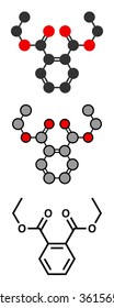 Diethyl phthalate (DEP) plasticizer molecule. Stylized 2D renderings and conventional skeletal formula. 