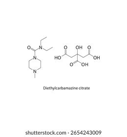 Estrutura esquelética do citrato de dietilcarbamazina. ilustração esquemática do composto de sal antiparasitário. Diagrama simples, fórmula química.