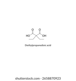 Estrutura esquelética do ácido dietilpropanodióico Ilustração esquemática do composto de ácido dicarboxílico. Diagrama simples, fórmula química.