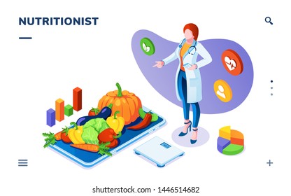 Dietician or nutritionist with vegetables on plate and scales. Isometric page for dieting, weight control application. Vegetarian salad ingredients for healthy food, weight loss plan, calorie checking