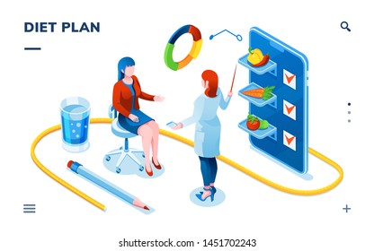 Dietician and woman patient for smartphone dietology application. Dietitian doctor consultation about balanced vegetable diet or weight loss. Isometric page for food and nutrition, healthcare. Dieting