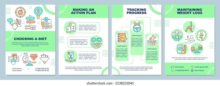 Dieting brochure template. Healthy nutrition plan. Weight loss. Leaflet design with linear icons. 4 vector layouts for presentation, annual reports. Arial-Black, Myriad Pro-Regular fonts used