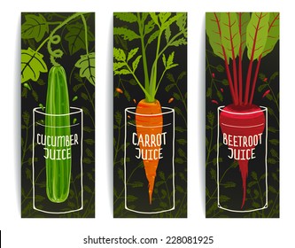 Dieting Carrot Cucumber Beet Juices Hand Drawn Design on Dark Background. Colorful vegetables design for juice package. Layered vector EPS8