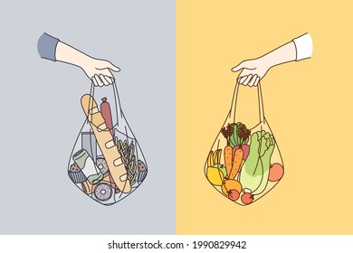 Dieting, choosing between various foods concept. Human hands holding bags of healthy vegetable vegan taw natural foods and ordinary ingredients vector illustration 