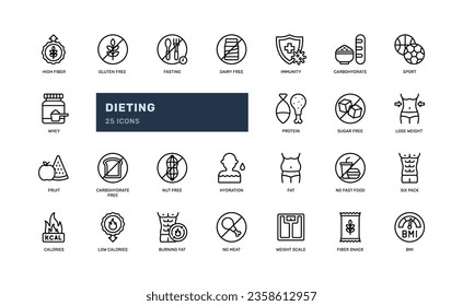 dieting healthy food lifestyle nutrition and allergen detailed outline line icon set