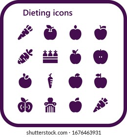 conjunto de iconos de dieta. 16 iconos de dieta rellenos.  Iconos modernos sencillos, como: Zanahorias, Apple, Zanahorias