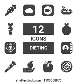dieting icon set. Collection of 12 filled dieting icons included Carrot, Apple, Cucumber