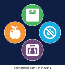 Dieting icons set. set of 4 dieting filled icons such as floor scales, no fast food