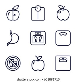 dieting icons set. Set of 9 dieting outline icons such as floor scales, apple, stomach, no fast food