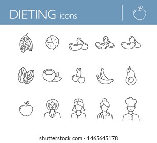 Dieting icons. Set of line icons on white background. Nutritionist, chef, organic food. Healthy eating concept. Vector illustration can be used for topics like vitamin, vegetarian restaurant, health